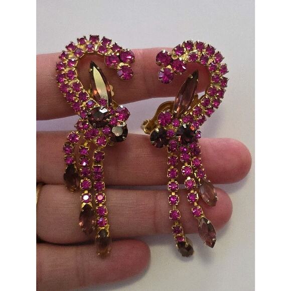 VTG Juliana Delizza Elster Earrings Purple Pink Ornate Dangle Waterfall Clip On - Picture 9 of 12